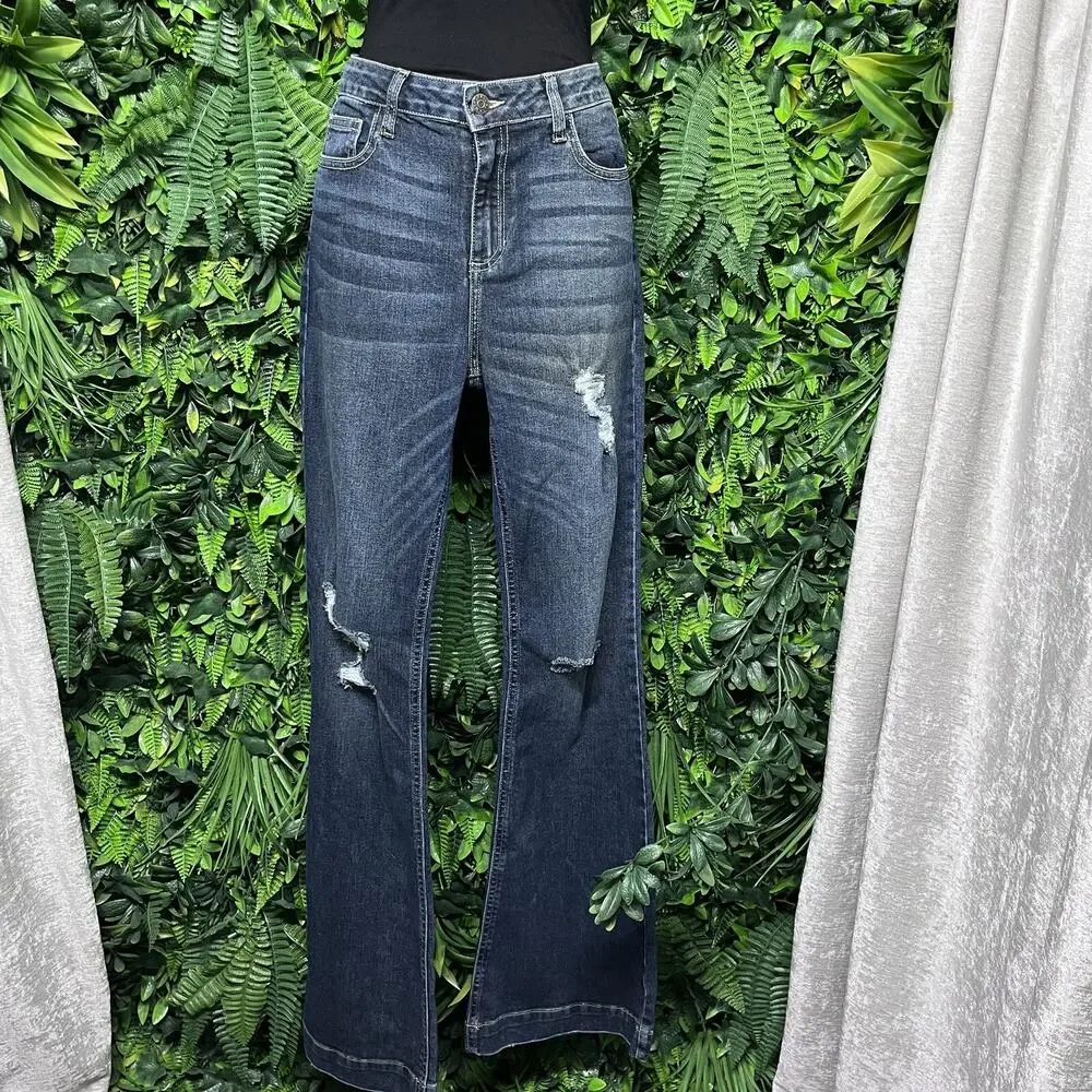 Y2K CELLO Jeans‎ Women 9 Blue Denim Bell Bottom Flared Distressed 2714